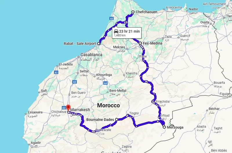 7 Days in Morocco from Rabat 7 days Imperial cities Morocco Tour Chefchaouen blue city, Fes, Sahara Desert, Marrakech and Casablanca.