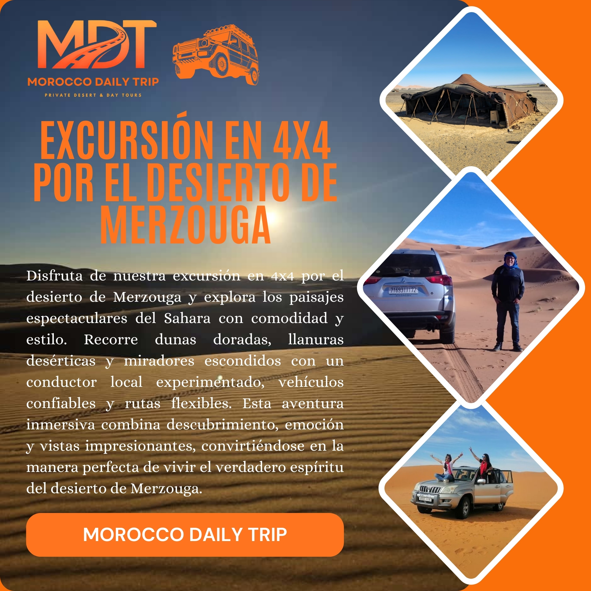 Excursión Desierto Merzouga en 4x4, Descubrir el desierto, excursión por las dunas, visita al pueblo gnawa y a las familias nómadas.